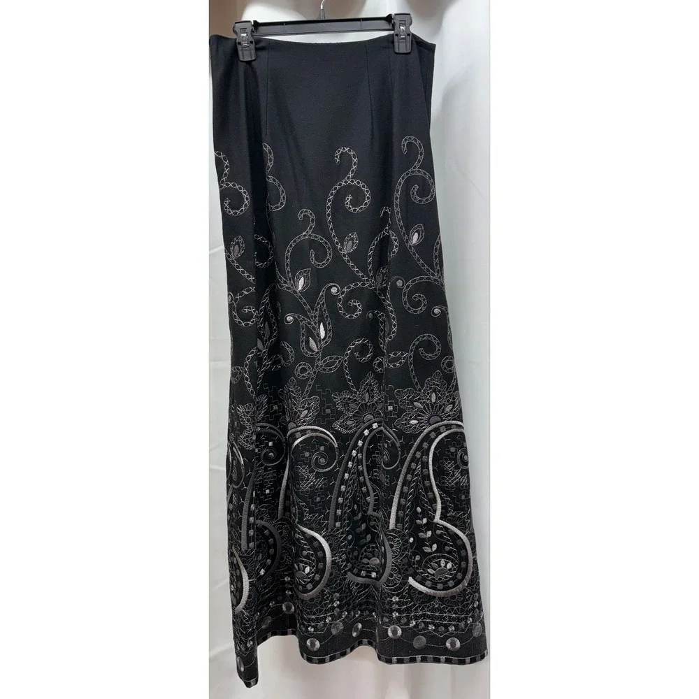 VTG Talbots Black Lined Wool Blend Embroidered Maxi Skirt sz‎ 10